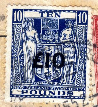 ZEALAND 1940 - 58 ARMS POSTAL FISCAL £10 ON £10 ON DATED PIECE,  SG F216b 2