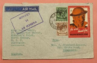 Malaya Wwii Patriotic Label 1940 Katong Airmail To Australia Wwii Censored