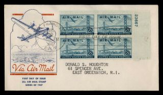 Dr Who 1947 Fdc 25c Airmail Cachet Plate Block C36 E52553