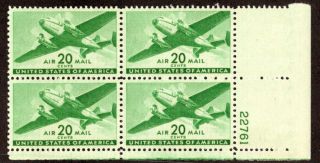 Oas - Cny 6464 Air Mail 1941 Scott C29 $0.  20 Cargo Transport Plane Plate Block Mnh
