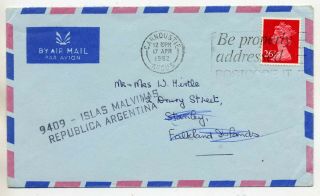 Falkland Is 1982 Incoming Conflict Period Cover Very Fine Argentinian Handstamp