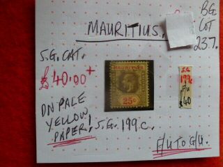 Mauritius Kgv 25c Stamp On Pale Yellow Paper Sg199c F/u - G/u