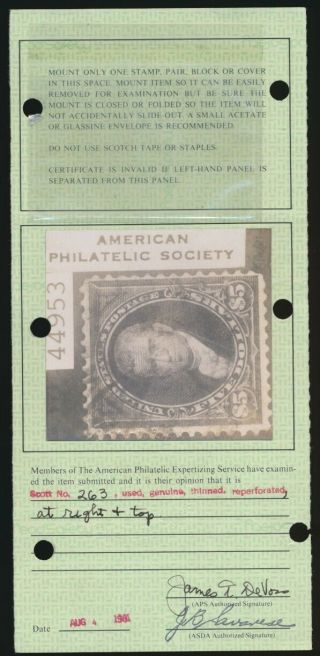 drbobstamps US Scott 263 Scarce Stamp w/APS Cert SCV $2600 3