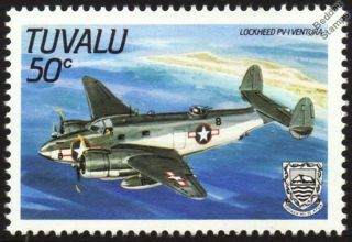 Wwii Lockheed Ventura Pv - 1 (patrol Bomber) Aircraft Stamp (1985 Tuvalu)