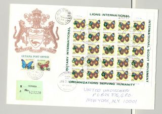 Guyana 1989 25¢ Butterflies M/s Of 25 Green O/p On Registered Commercial Cover
