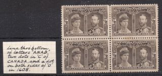 Canada 1908 1/2 Cent Block Of 4 With Listed Variety Line Thro 