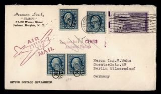 Dr Who 1950 Flushing Ny Airmail To Germany 505 Coil Pair Postage Due E39957