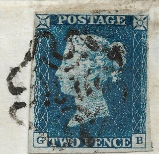 GB QV 1840 2d blue,  plate 1,  4 margins,  tied by black MC to cover 2