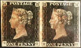 Gb Qv 1840 Penny Black Pair 1d ‘rg - Rh’ Plate 1b Four Margin With Red Maltese ‘x’