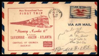 Savannah Georgia First Trip Nacy Yinks Ii Train July 17 1947 Pink Cachet