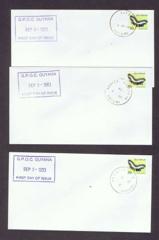 Guyana 1983 Overprinted Butterfly Stamp On 22 Fdc With Different Postmarks