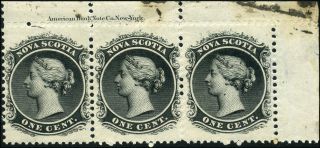 Nova Scotia 8 Vf Og Nh 1860 Queen Victoria 1c Black Inscription Strip Of 3