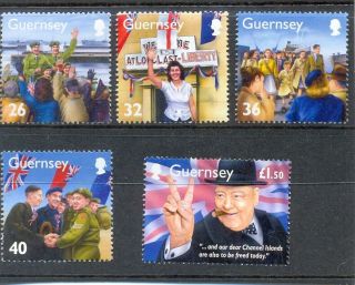 Guernsey - Second World War - Liberation - Mnh Set Of 5 - Churchill - Soldiers