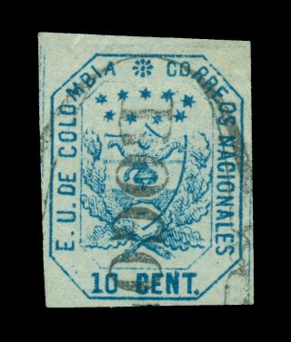 Colombia 1863 Coat Of Arms 10c Blue - Bluish Paper - Scott 28