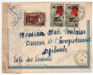1943 Madagascar To Djibouti British Censored Cover,  France Libre Stamps