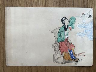 China Old Postcard Hand Painted Chinese Fairy Maiden And Crane