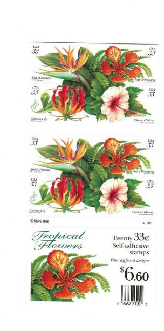 Scott 3310 - 3313.  Tropical Flowers.  Booklet Of 20 - 33 Cent Us Postage Stamps.