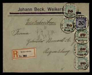 Dr Who 1923 Germany Weikersheim Registered Ovpt Strip To Regensburg E51555