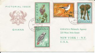 Ghana 1964 Pictorial Issue Parrot Elephant Bird Accra To York Fdi Fdc Cover