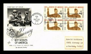 Us Cover Boy Scouts Of America 50th Anniversary Block Of 4 Fdc Artcraft