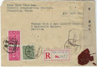 China 1942 Registered Censored Airmail Cover Chungking To Calcutta