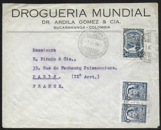 Colombia Covers 1926 Scadta Airmailcover Bucaramangato Paris