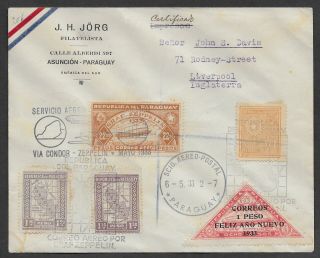 E6308 Paraguay Asuncion Graf Zeppelin Reg Air Mail Cover To Uk Via Condor 1933