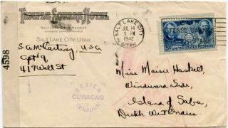 Usa 1942 Censored Cover To Is.  Of Saba,  Neth.  Antilles W/chinese Resistance 5c
