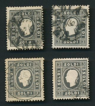 Austria Stamps 1858 Lombardy Venetia 3 Soldi Black Type & Perf Variety X4 Vfu