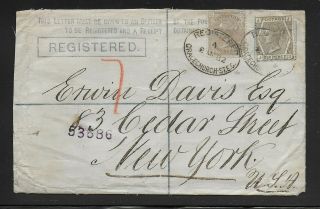 Gb 1882 Registered 2d Stationery Envelope (h&g C5a) To Ny City With Sg 160 - 61