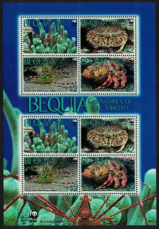 Bequia Wwf Caribbean Reef Crustaceans Sheetlet Of 2 Sets / 8 Stamps Mnh