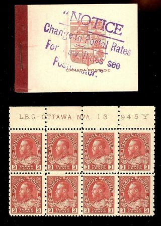 Canada,  184 (plate Block Of 8),  Complete Booklet Of Stamps,  Nh Stamps,  Og
