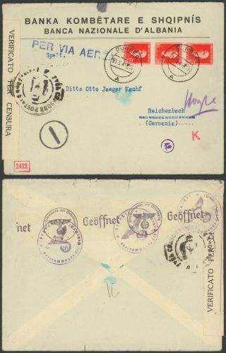 Italy Albania Wwii 1941 - Air Mail Cover Durres To Germany - Censor 31221/1
