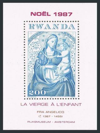 Rwanda 1301,  Mnh.  Michel Bl.  105.  Christmas 1987.  Virgin & Child,  By Fra Angelico.