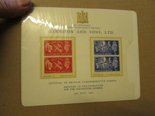 Very Rare - Harrison And Sons Ltd - Presentation Card 3rd May 1951 - Festival Of
