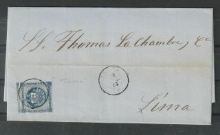 Peru 1860 Yvert 6c On Tacna Cover To Lima