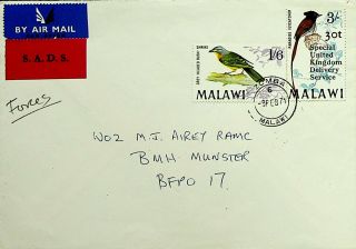 Malawi Africa 1971 Sads Red Label Bird 2v Forces Airmail Cover To Bfpo 17 - K503