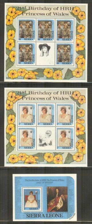 Sierra Leone 532 - 534,  1982 Princess Diana,  3 Different Sheets Nh