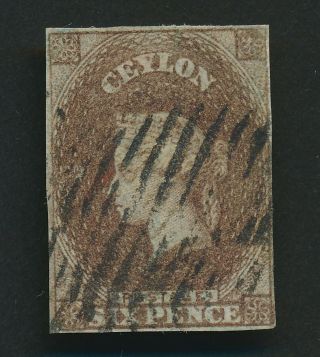 Ceylon Stamp 1857 Sg 1 6d Qv Chalon Head Purple - Brown On Blued Wmk Star,  Vfu