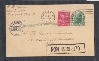 Usa 1945 Censored Prexie Uprated Postal Stationery Card York Pm179 Unclaimed