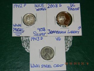 1942 - P Mercury 90 Silver Dime,  2008 - S Jefferson Proof Nickl&1943 Wwii Steel Cent