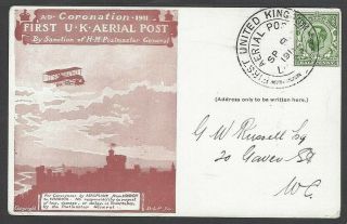 Gb 1911 First Uk Aerial Post Postcard – Fine