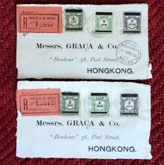 Two 1910 Macau To Hong Kong China Registered Covers With Postmarked Stamps