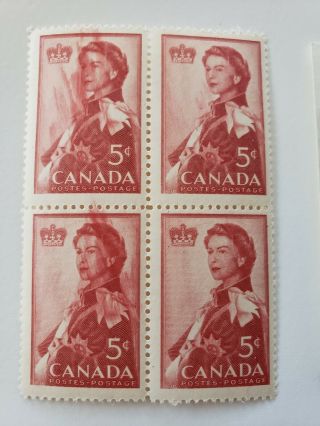 1452 Canada 5 Cents Block 4 Stamps Ink Smear Error