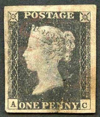Penny Black (ac) Plate 2 Cancelled With A Faded Red Mx Four Margins