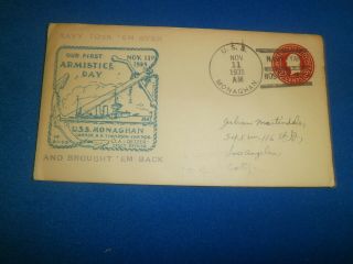 Us Naval Cover: 1935 Uss Monaghan,  W/first Armistice Day Cachet