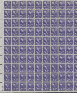 1938 3 Cent Prexi Issue Full Sheet Of 100 Scott 807 Nh