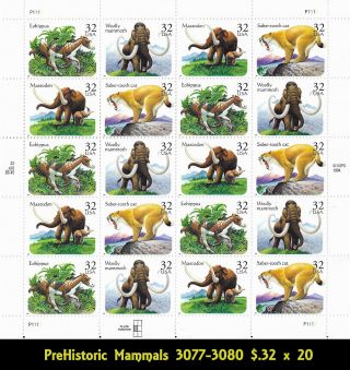 Us Stamps - Stamps - Prehistoric Mammals 3077 - 3080 Full Sheet Mnh