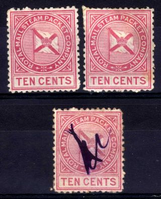Royal Mail Steam Packet Co.  1875 10 Cents Hinged &,  3 Stamps