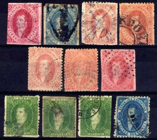 Argentina 1864 - 72 Rivadavia Selection,  11 Stamps
